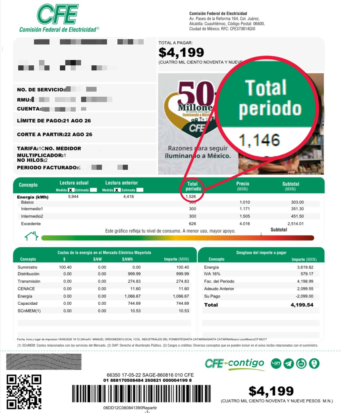 Recibo CFE consumo Energía kWh